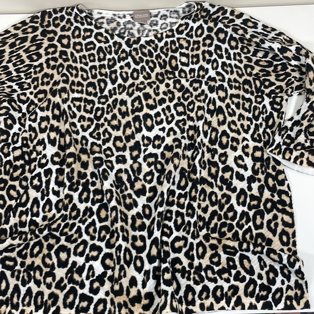 CHICO’S XL Leopard Print Linen Blend Round Neck 3/4‎ Sleeve Sweater Lightweight - Picture 7 of 8